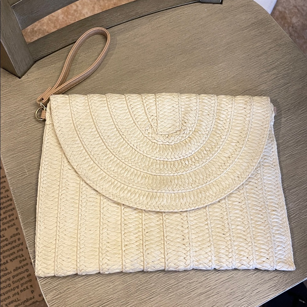 Cream Woven Clutch with Wrist Strap